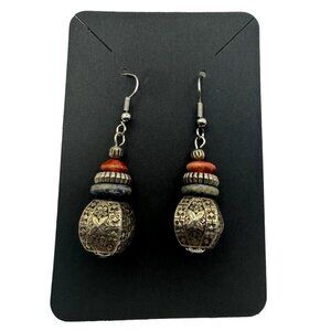 Vintage Bohemian Ethnic Tribal Silver Dangle Earrings with Red & Blue Beads